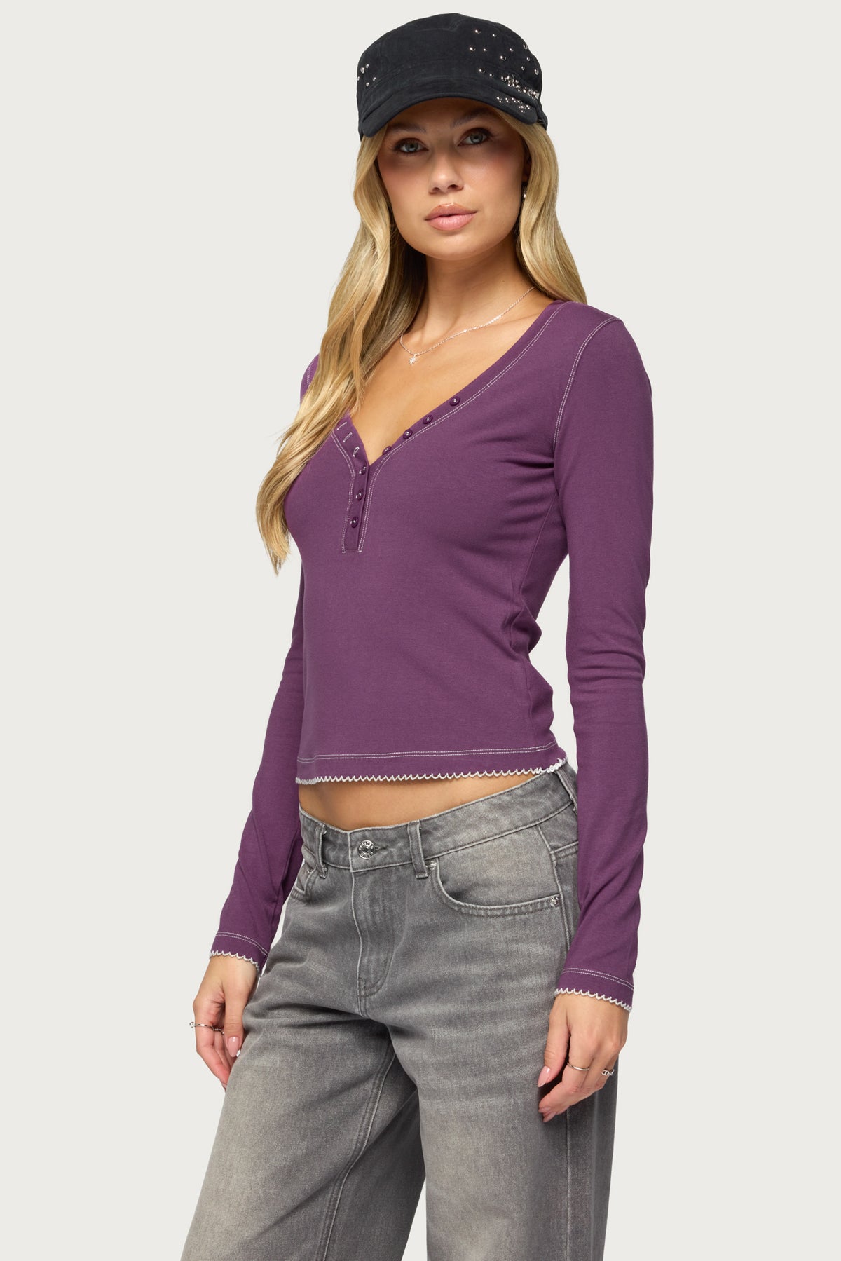 Yael Contrast Stitch Henley Top