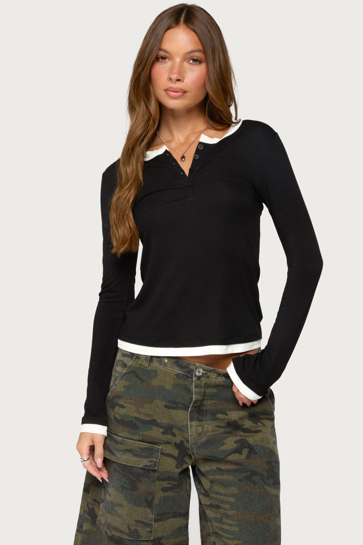 Contrast Layered Look Henley Top