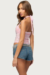 Bead & Sequin Sheer Mesh Halter Top