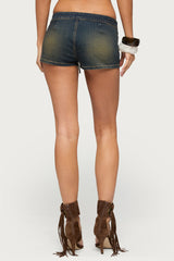 Tie Belt Stretchy Washed Denim Micro Shorts