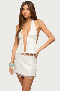 Dalis Fringed Sequin Split Front Top