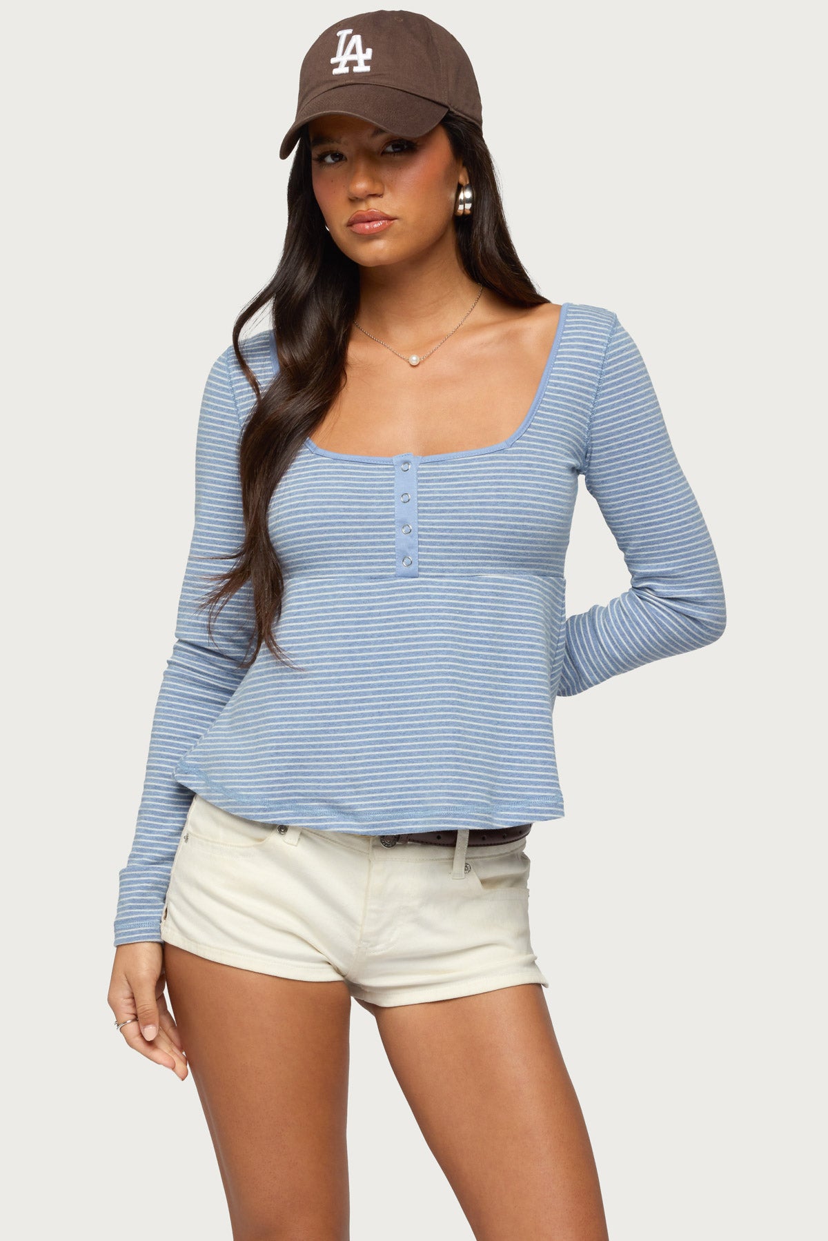 Sare Striped Babydoll Henley Top