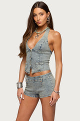 Sashe Button Up Denim Halter Top