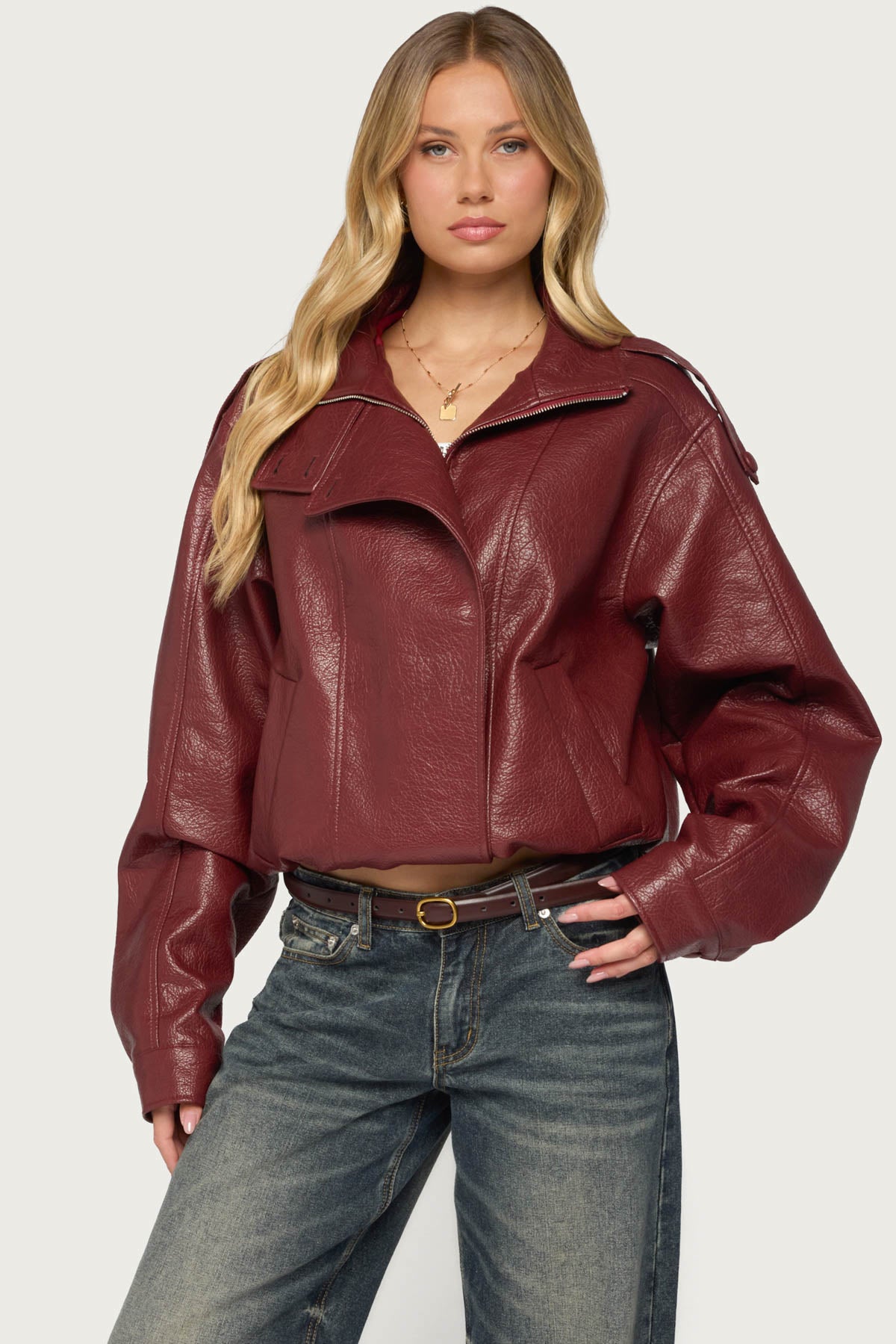Jaicee High Neck Oversized Faux Leather Jacket