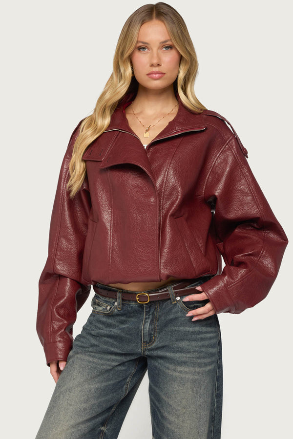 Jaicee High Neck Oversized Faux Leather Jacket