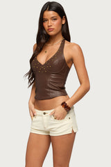 Vaya Studded Faux Leather Halter Top