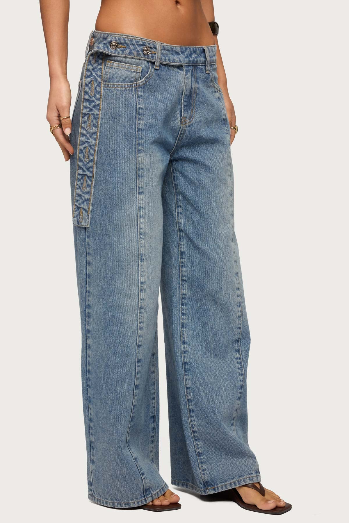 Buttoned Waist Low Rise Baggy Jeans