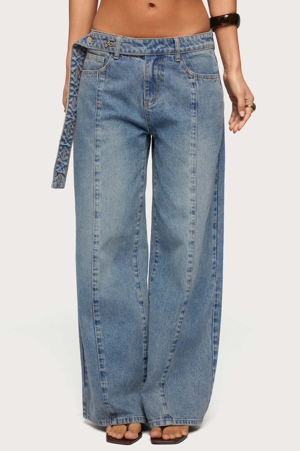Buttoned Waist Low Rise Baggy Jeans