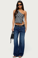 Button Striped One Shoulder Top