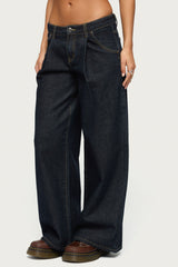 Pleated Low Rise Wide Leg Jeans