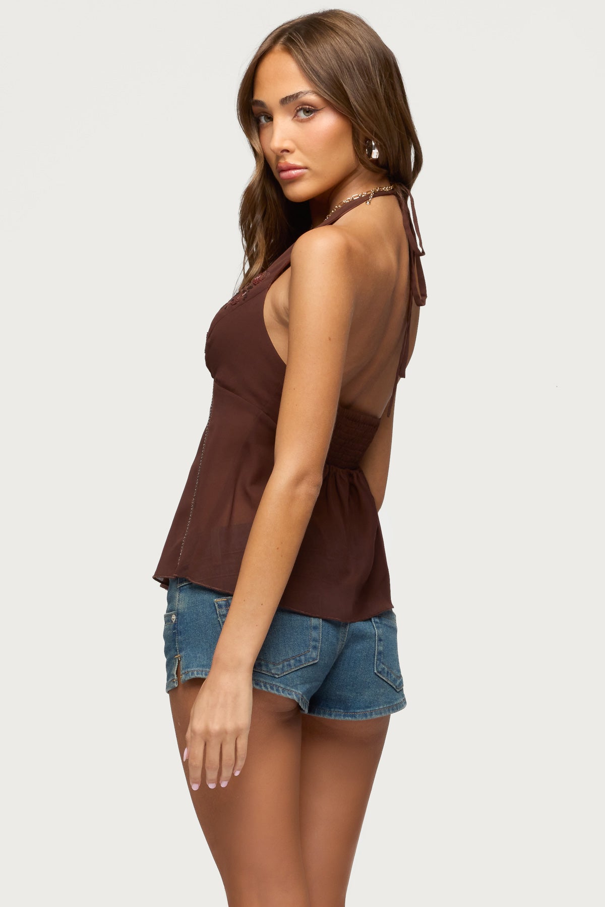 Lani Sequin Bead Chiffon Halter Top