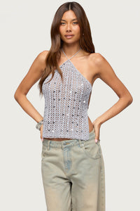Thaly Backless Sequin Crochet Halter Top