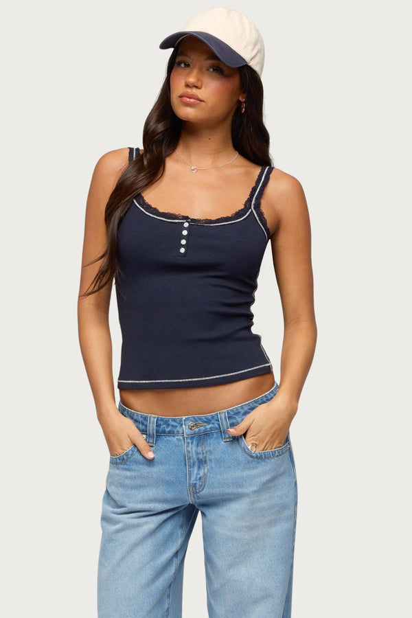 Contrast Stitched Lacey Henley Top view 1