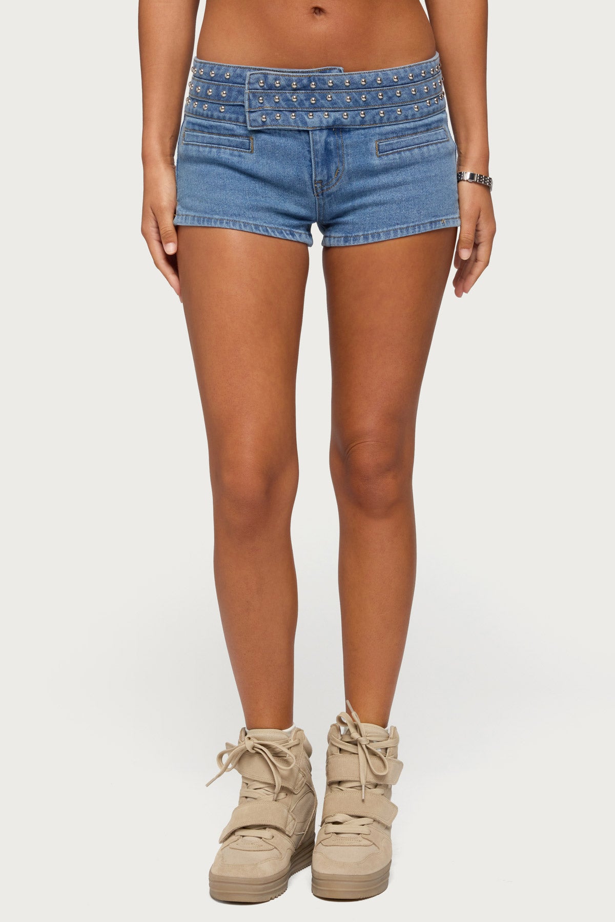 Odetta Studded Low Rise Denim Shorts