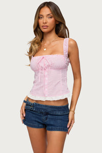 Zeffie Textured Gingham Tie Front Top