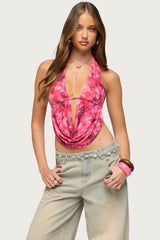 Floral Mesh Backless Cowl Neck Top