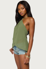 Chiffon Split Open Back Halter Top