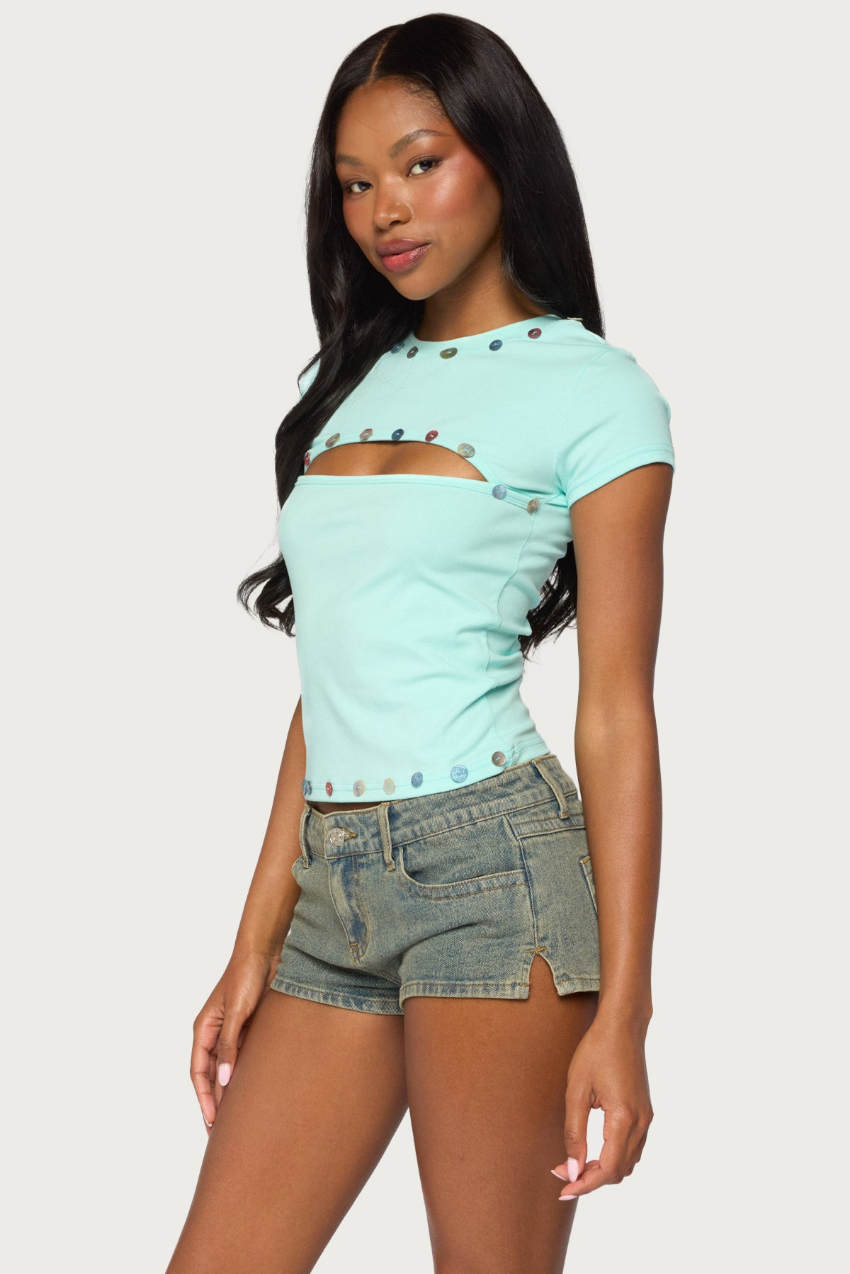 Suda Iridescent Button Cutout T Shirt
