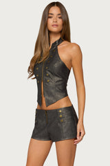 Harle Button Faux Leather Halter Top