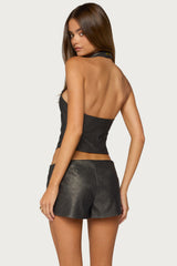 Harle Button Faux Leather Halter Top