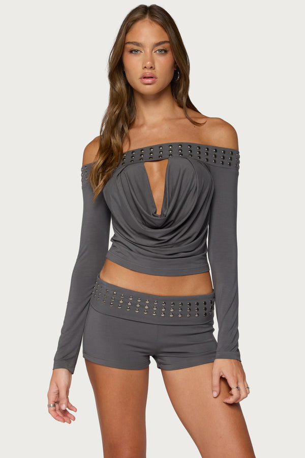 Amy Studded Off Shoulder Cowl Neck Top