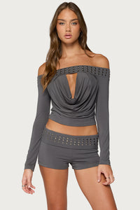Amy Studded Off Shoulder Cowl Neck Top