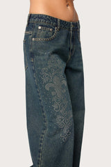 Rhinestone Graphic Low Rise Baggy Jeans
