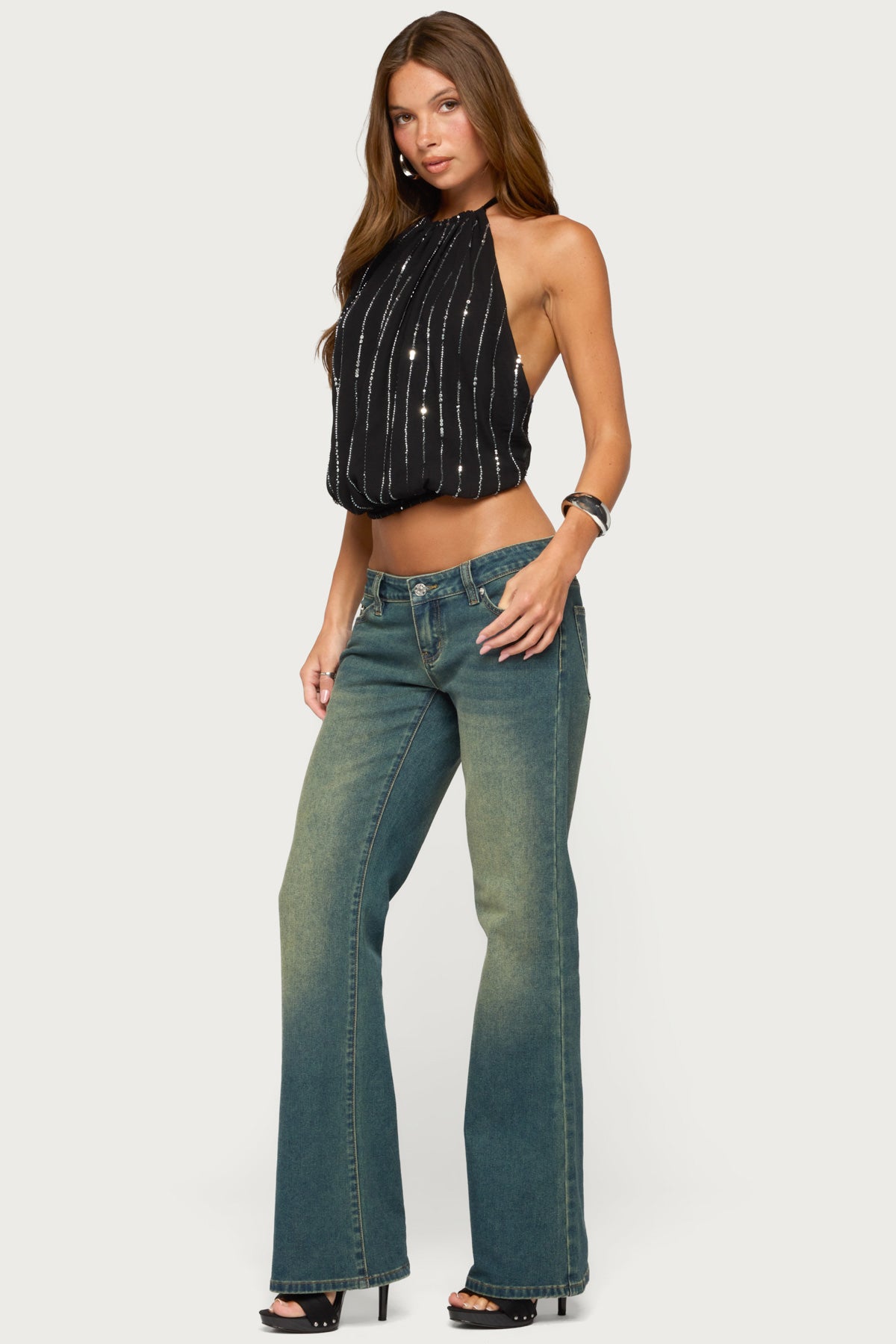 Neala Backless Sequin Chiffon Halter Top