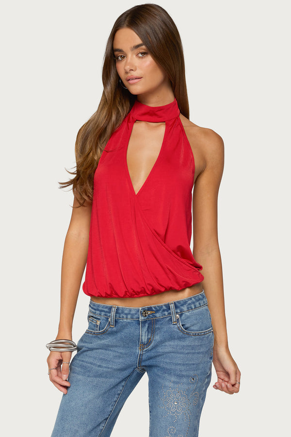 Lizah High Neck Cutout Wrap Top