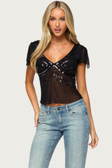 Ciri Sequin Mesh V Neck Top