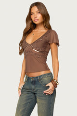 Ciri Sequin Mesh V Neck Top