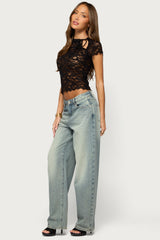 Cleoh Keyhole Sheer Lace Top
