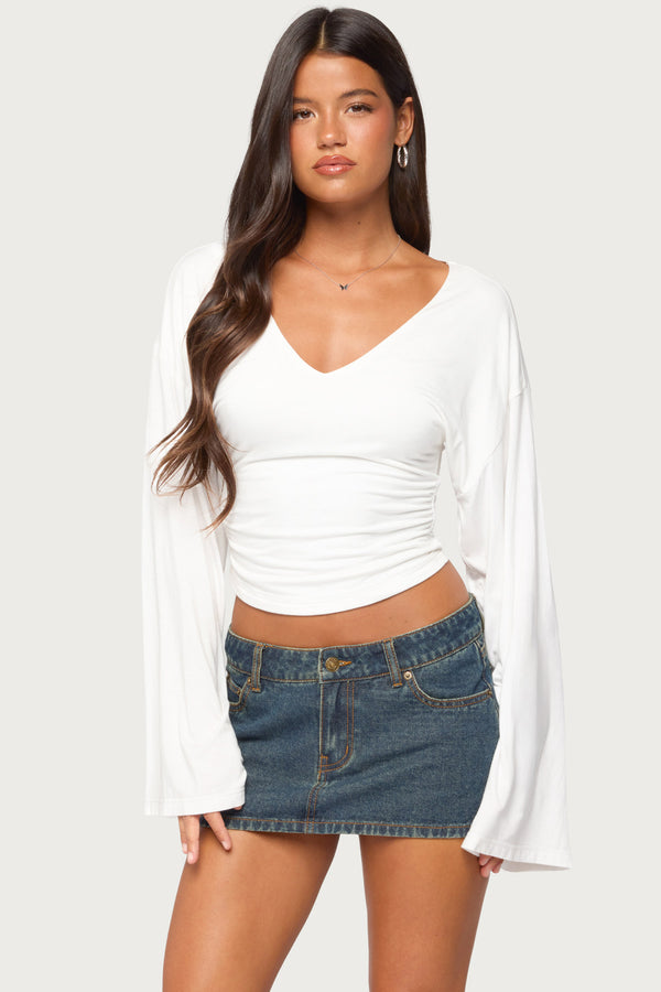 Bebe Ruched Long Sleeve V Neck Top