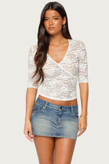 Olsi Sheer Lace Three-Quarter Sleeve Top