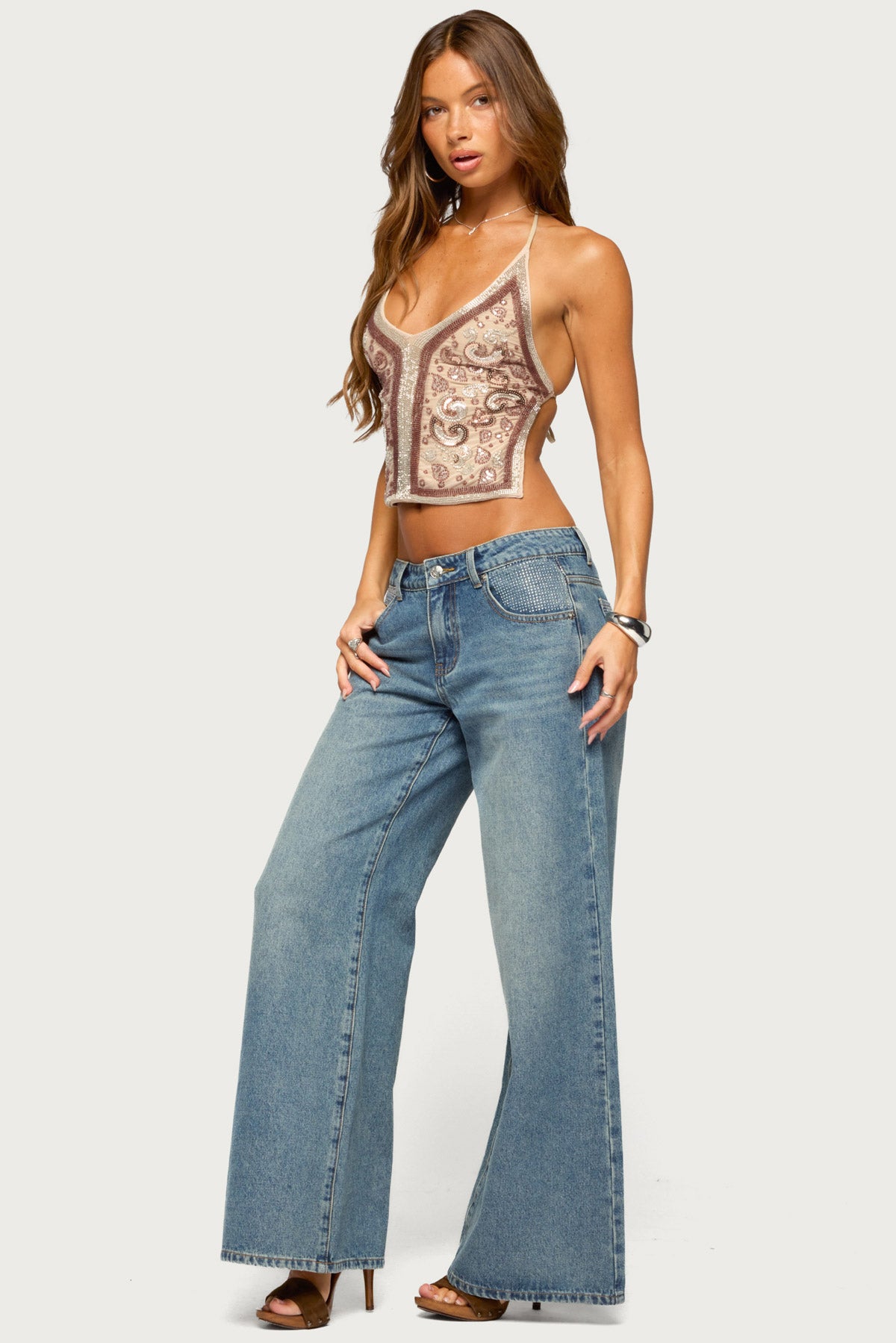 Delanie Beaded Backless Halter Top