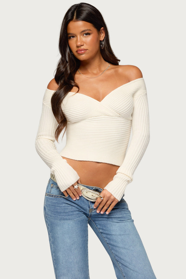Bealey Off Shoulder Ribbed Wrap Sweater
