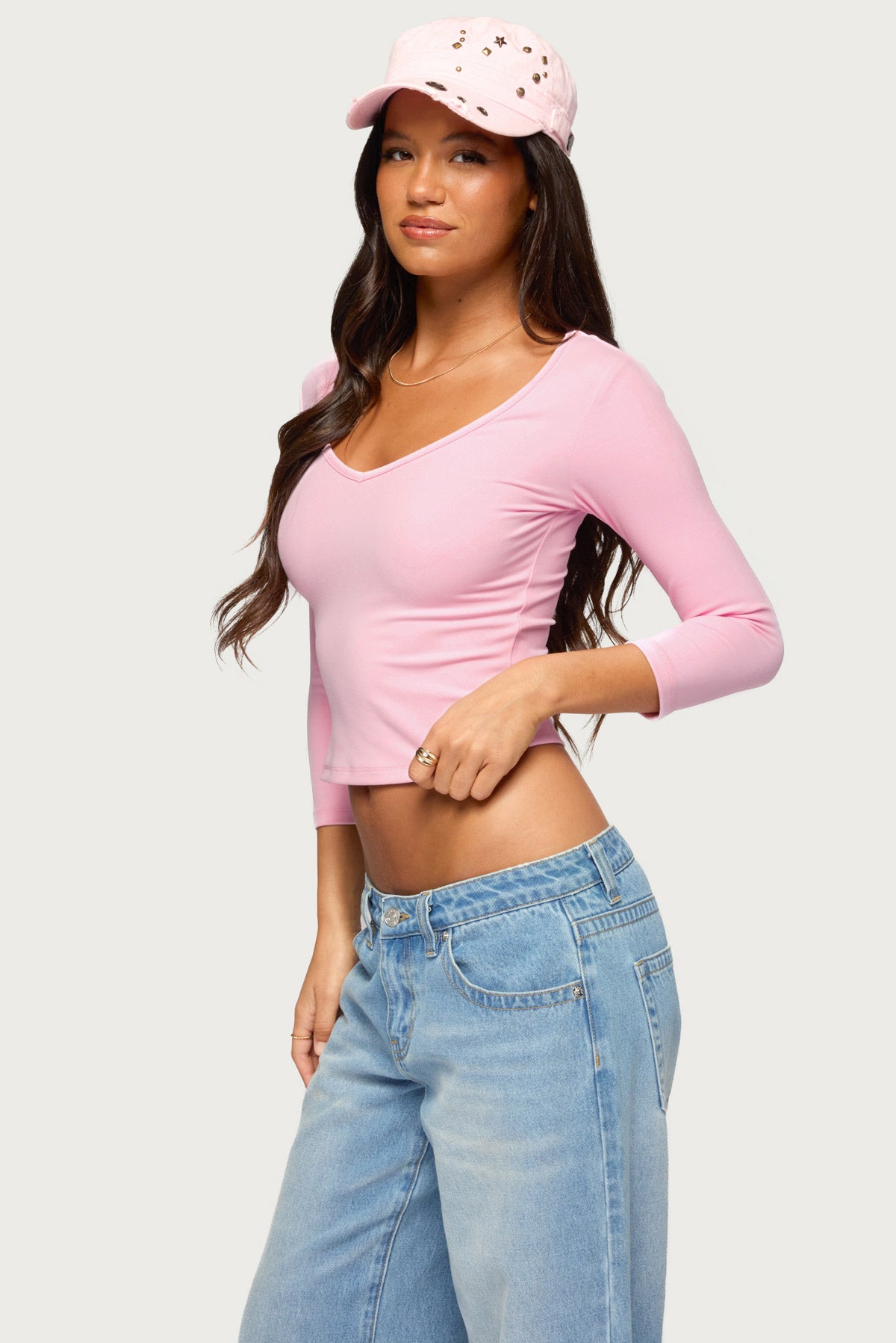 Lakia V Neck Three-Quarter Sleeve Top