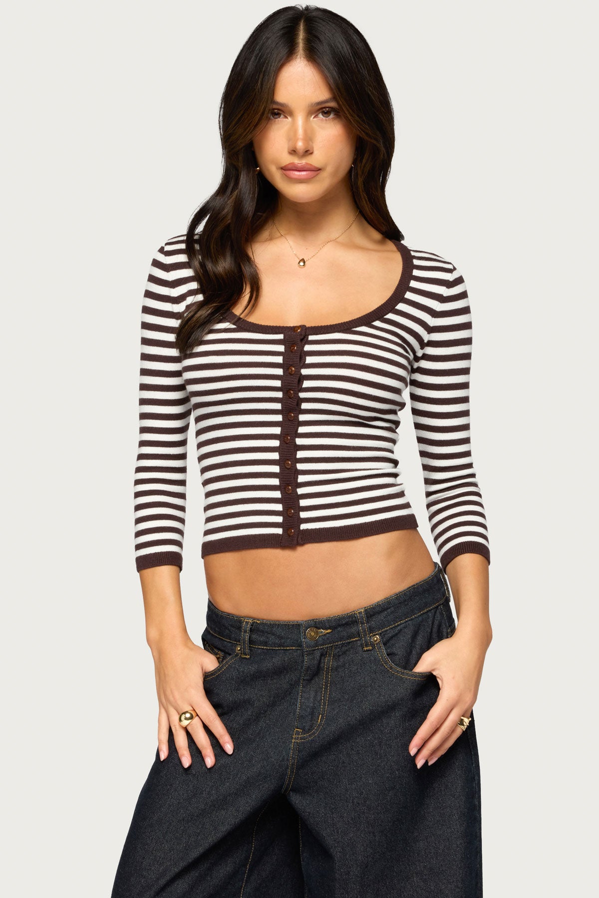 Mily Three-Quarter Sleeve Striped Cardigan