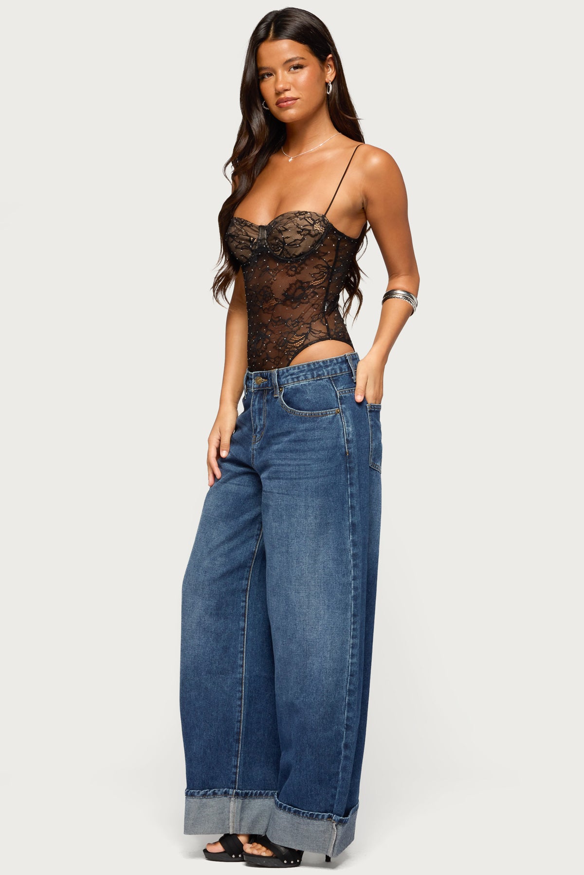 Aubree Sheer Lace Rhinestone Bodysuit