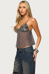 Adzy Sequin Mesh Babydoll Top