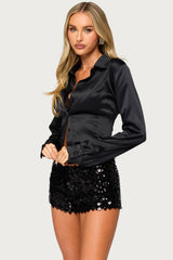 Hissy Satin Effect Button Up Top
