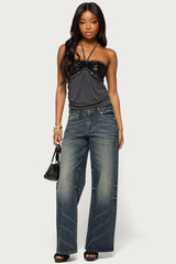 Destiney Sequin And Grommet Halter Top