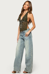 Livsy Sequin Mesh Backless Halter Top