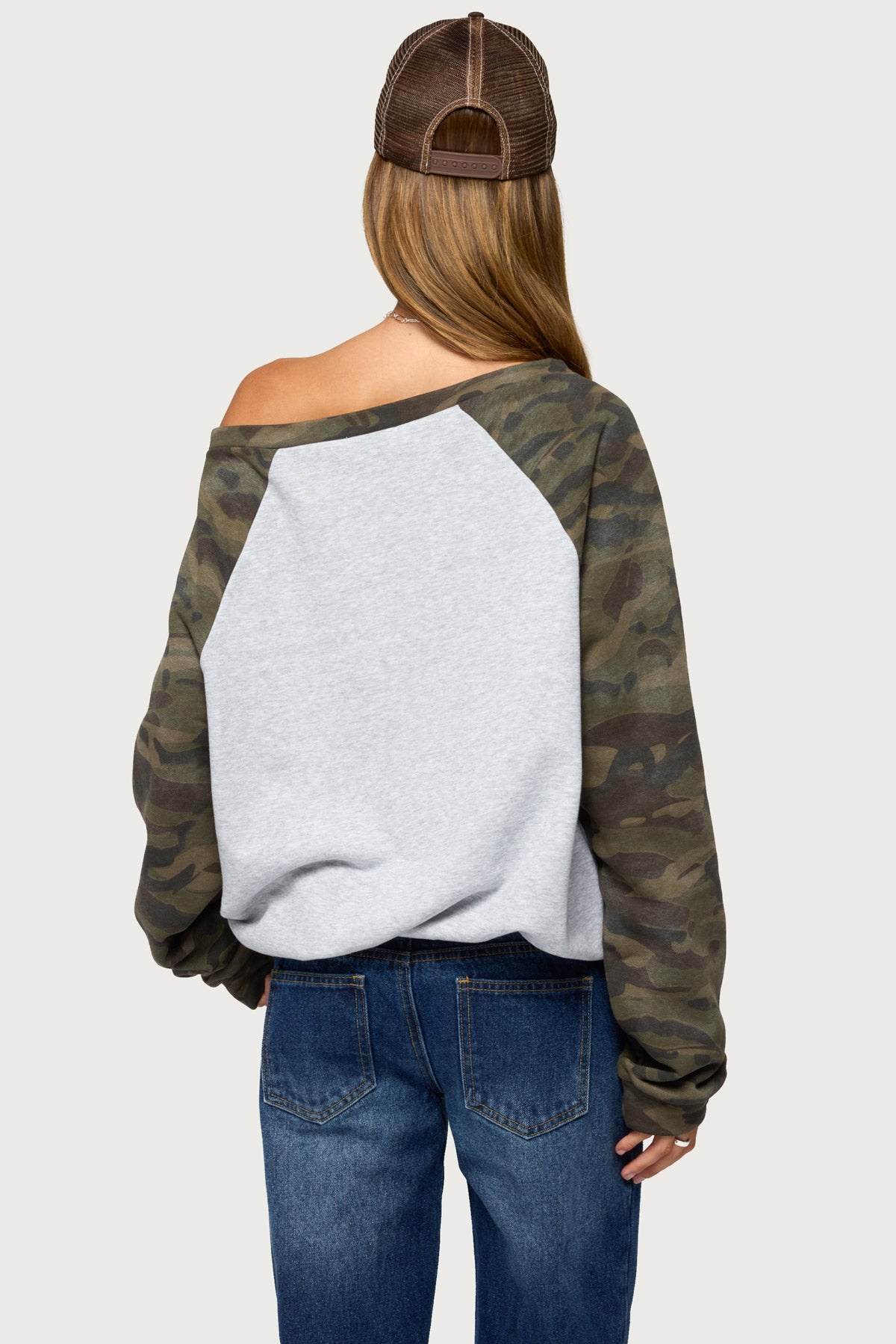 Huston Off Shoulder Camo Raglan Sweatshirt
