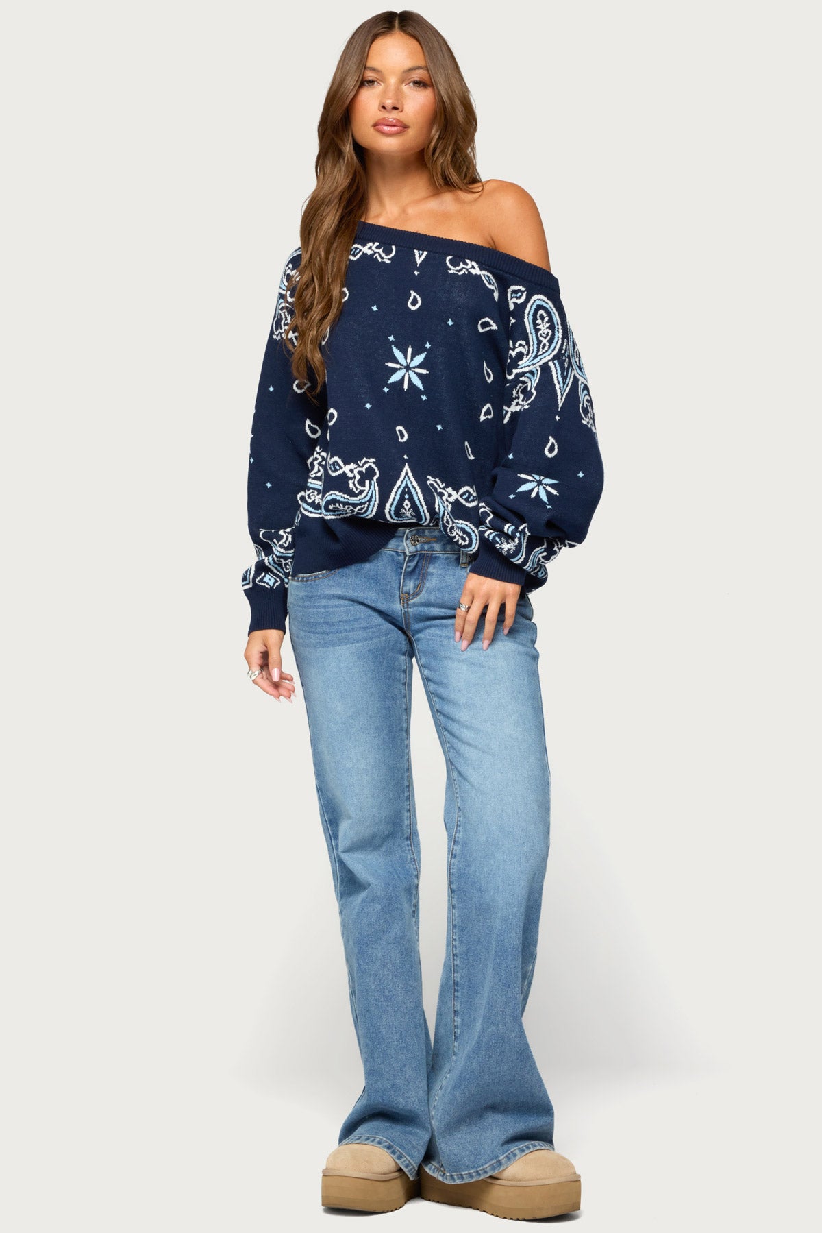 Faiga Off Shoulder Bnadana Knit Sweater