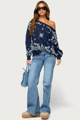 Faiga Off Shoulder Bnadana Knit Sweater