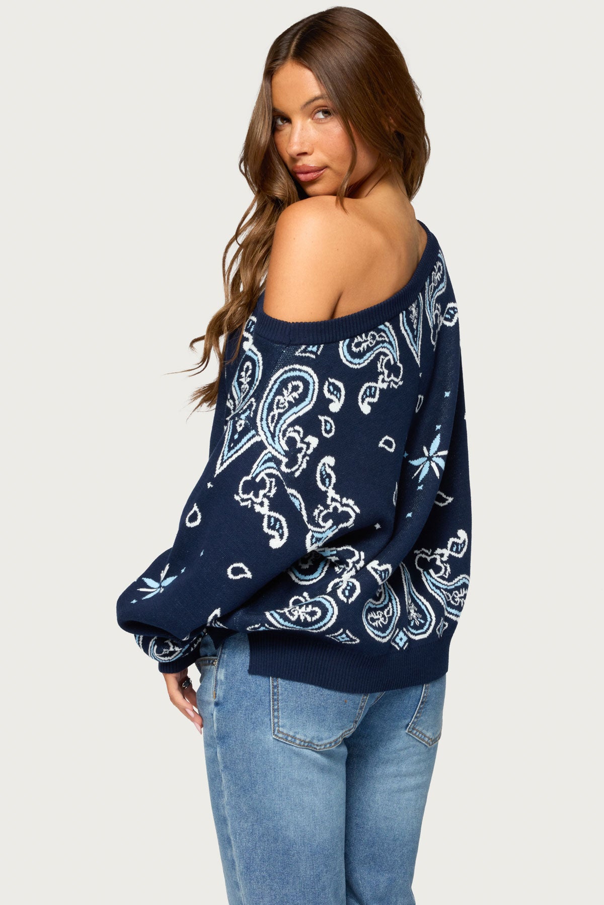 Faiga Off Shoulder Bnadana Knit Sweater