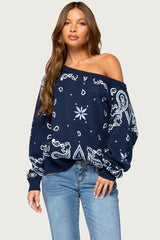 Faiga Off Shoulder Bnadana Knit Sweater