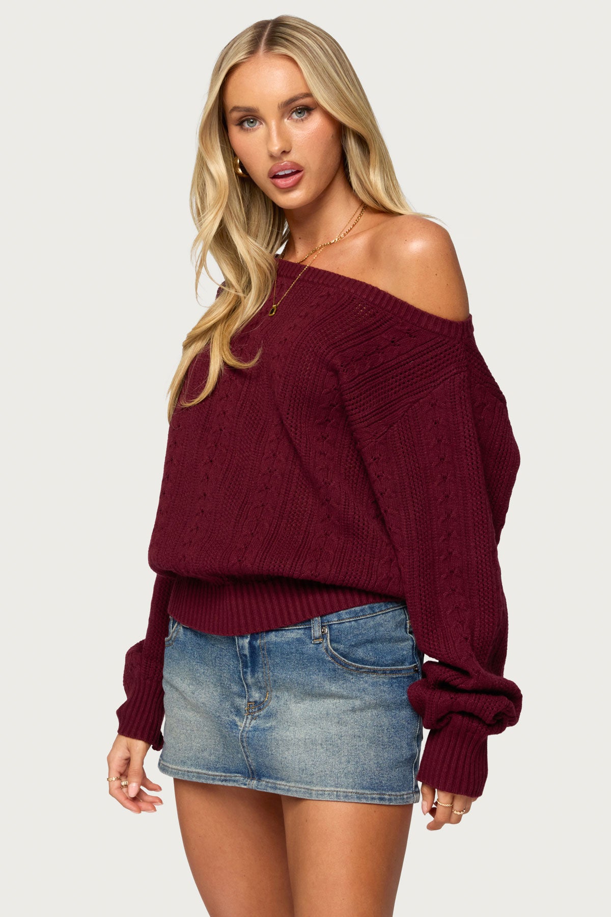 Prudy Off Shoulder Pointelle Knit Sweater