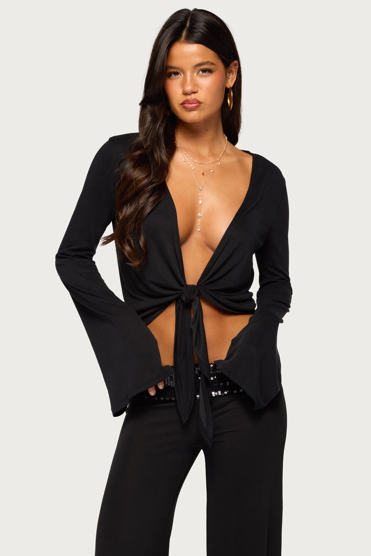 Moni Tie Front Long Sleeve Top